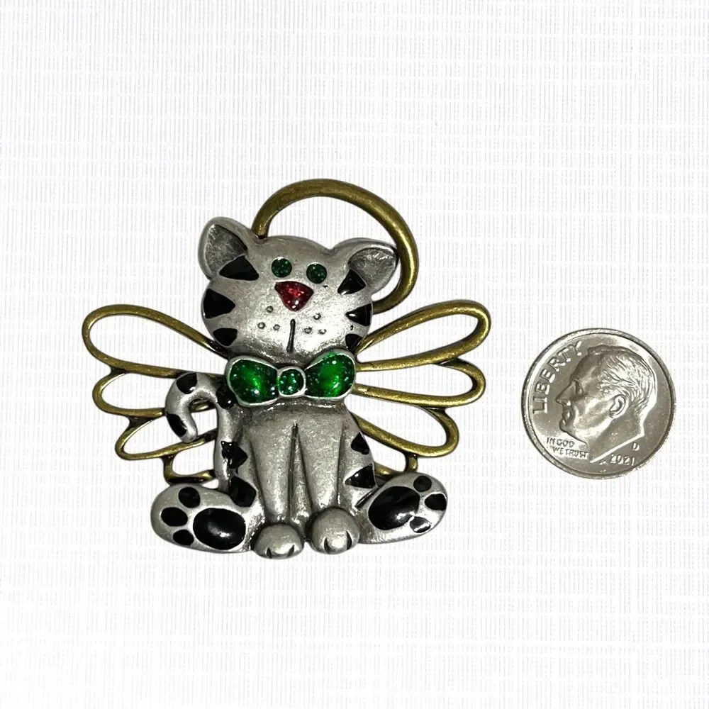 Vtg Kitten Angel Pin Brooch Green Bow Crazy Cat Lady Christmas Tabby Kitschy